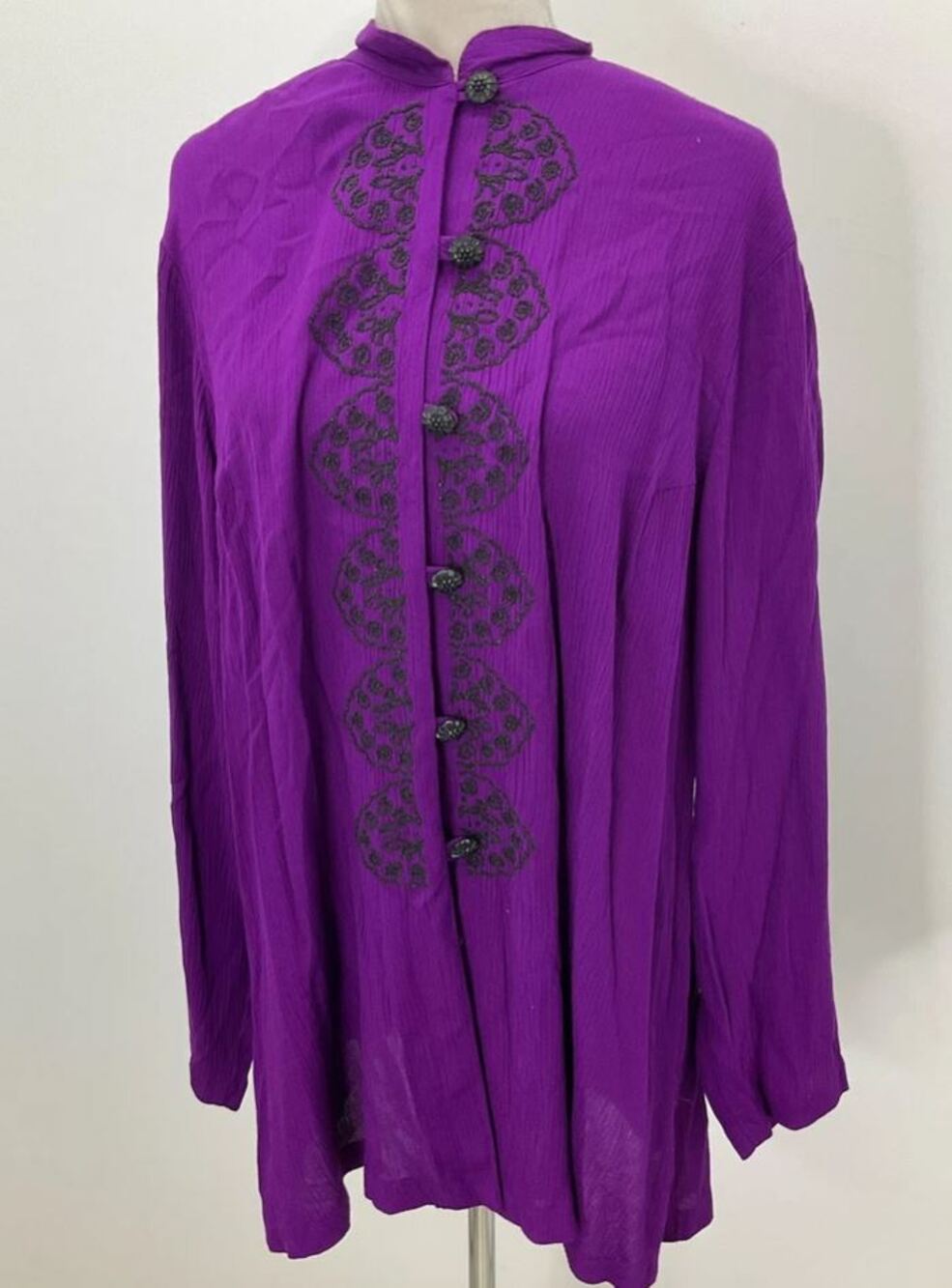 BEADED ELEGANT PLUS Jaclyn T Purple Black Button Up Blouse Long Sleeve 1X